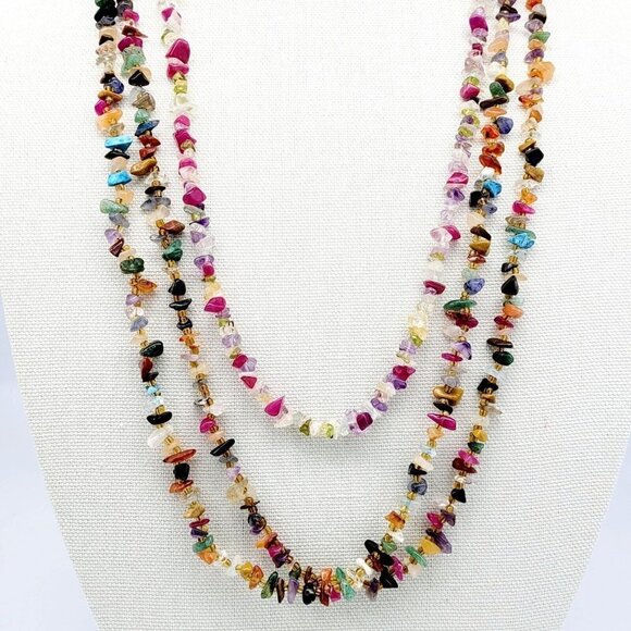 Lot Of 3 Semi Precious Gemstone Infinity Chip Necklaces Two 36" One 31" Boho - Picture 2 of 9